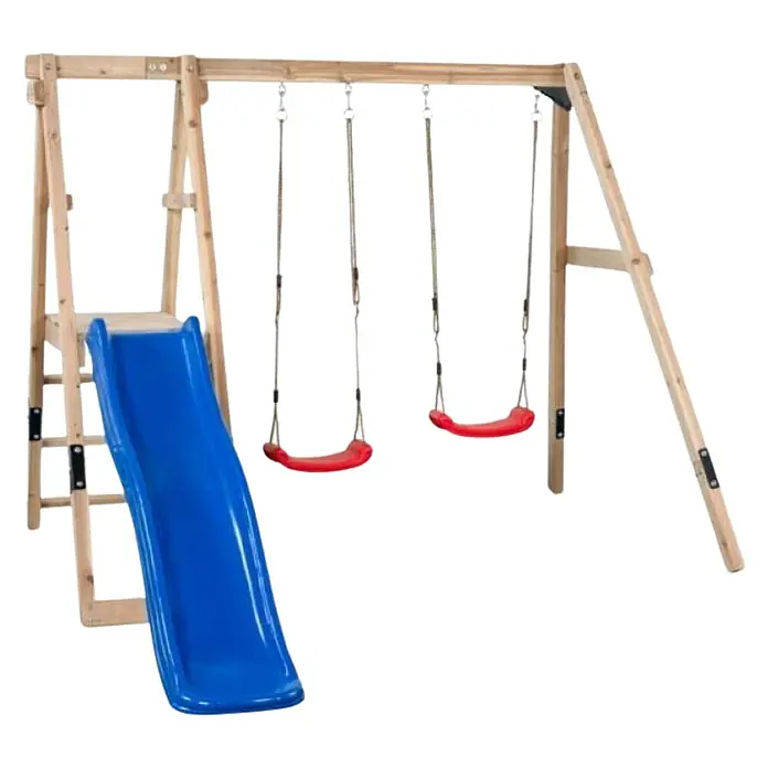 Swing King Doppelschaukel Ava - L x B x H: 73 x 245 x 170 cm, Holz, Blau - Ein hölzernes Schaukelgestell mit einer blauen Rutsche und zwei roten Schaukeln. Das Gestell steht auf einem schwarzen Hintergrund.