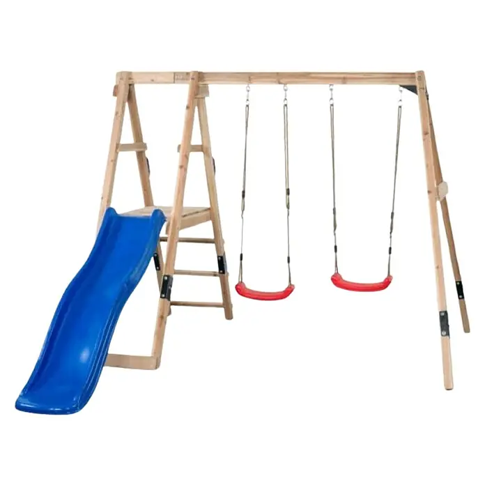 Swing King Doppelschaukel Ava - L x B x H: 73 x 245 x 170 cm, Holz, Blau - Holzschaukelgerüst mit Rutsche und zwei Schaukeln für Kinder zum Spielen im Freien.