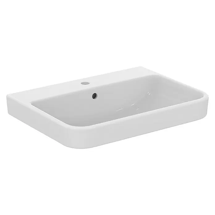 Ideal Standard i.life B Waschtisch - 65 x 48 cm, Ohne Spezialglasur, Hahnloch: Mitte, Mit Überlauf, Weiß - Weißes rechteckiges Keramik-Waschbecken mit Überlauf- und Hahnlöchern.
