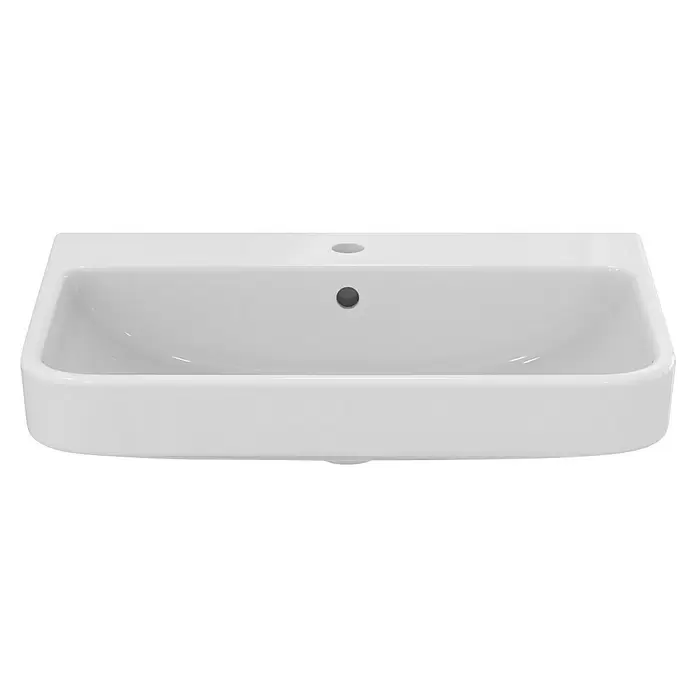 Ideal Standard i.life B Waschtisch - 65 x 48 cm, Ohne Spezialglasur, Hahnloch: Mitte, Mit Überlauf, Weiß - Weißes, rechteckiges Keramikwaschbecken mit einem Hahnloch und Überlauf.