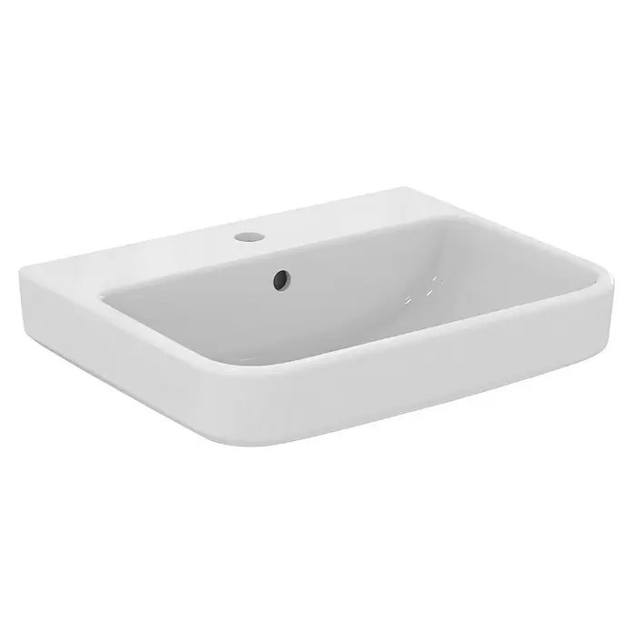 Ideal Standard i.life B Waschtisch - 55 x 48 cm, Ohne Spezialglasur, Hahnloch: Mitte, Mit Überlauf, Weiß - Weißes rechteckiges Keramik-Waschbecken mit Hahnloch und Überlauf.