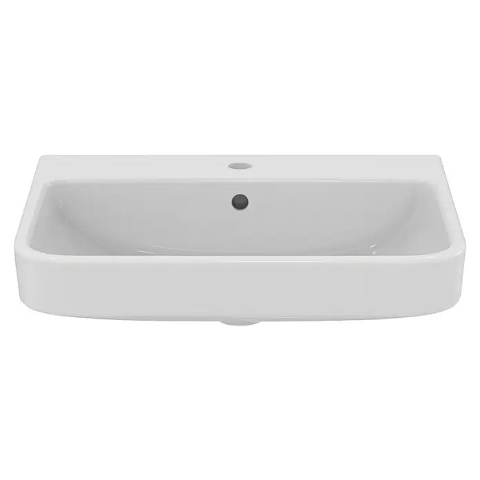 Ideal Standard i.life B Waschtisch - 60 x 48 cm, Ohne Spezialglasur, Hahnloch: Mitte, Mit Überlauf, Weiß - Aufsicht auf ein weißes Keramikwaschbecken mit rundlichen Formen, inklusive Hahnloch und Überlauf für ein modernes Badezimmer.