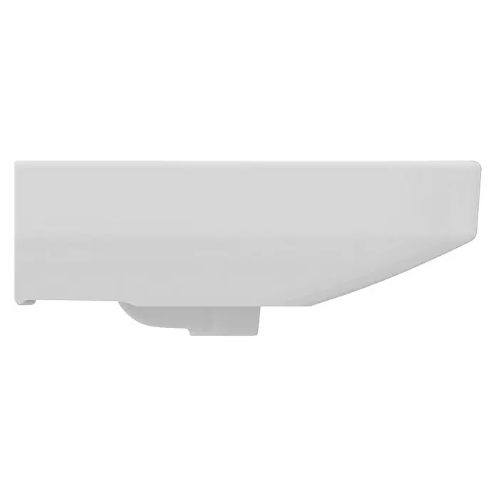 Ideal Standard i.life B Waschtisch - 60 x 48 cm, Ohne Spezialglasur, Hahnloch: Mitte, Mit Überlauf, Weiß - Nahaufnahme eines modernen, weißen, wandmontierten Waschbeckens mit klaren Linien und minimalistischem Design.