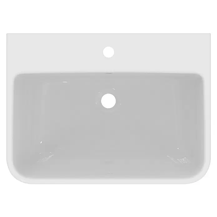 Ideal Standard i.life B Waschtisch - 65 x 48 cm, Ohne Spezialglasur, Hahnloch: Mitte, Mit Überlauf, Weiß - Weißes rechteckiges Keramikwaschbecken mit einem Hahnloch und zentralem Abfluss.