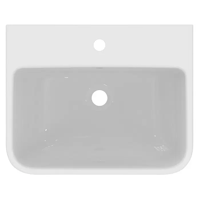 Ideal Standard i.life B Waschtisch - 55 x 48 cm, Ohne Spezialglasur, Hahnloch: Mitte, Mit Überlauf, Weiß - Weißes rechteckiges Keramikwaschbecken mit zentralem Abfluss und einem Hahnloch.