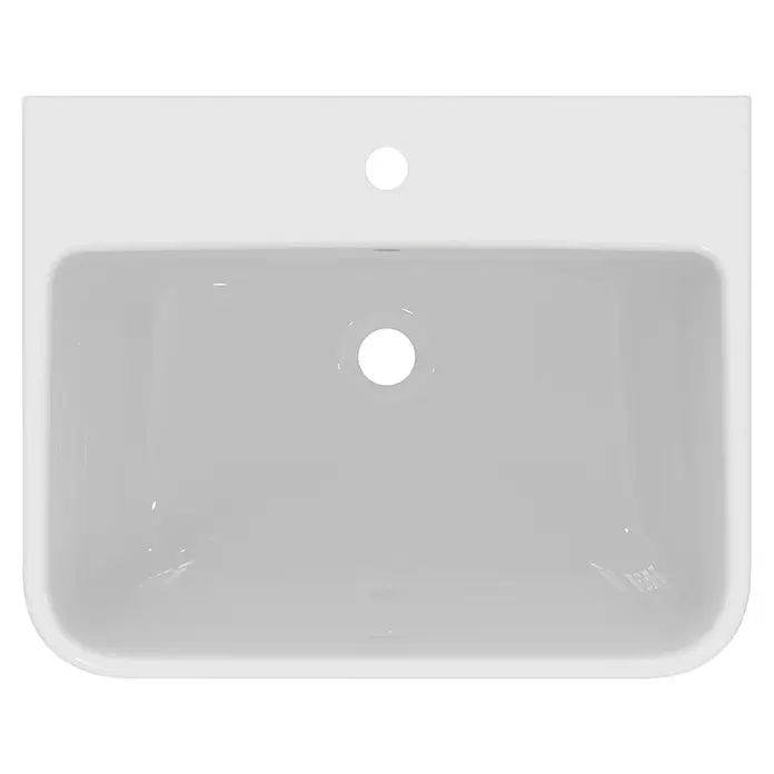 Ideal Standard i.life B Waschtisch - 60 x 48 cm, Ohne Spezialglasur, Hahnloch: Mitte, Mit Überlauf, Weiß - Draufsicht auf ein weißes Keramikwaschbecken mit Hahnloch und Überlauf, ideal für Badezimmer oder Gästetoilette.
