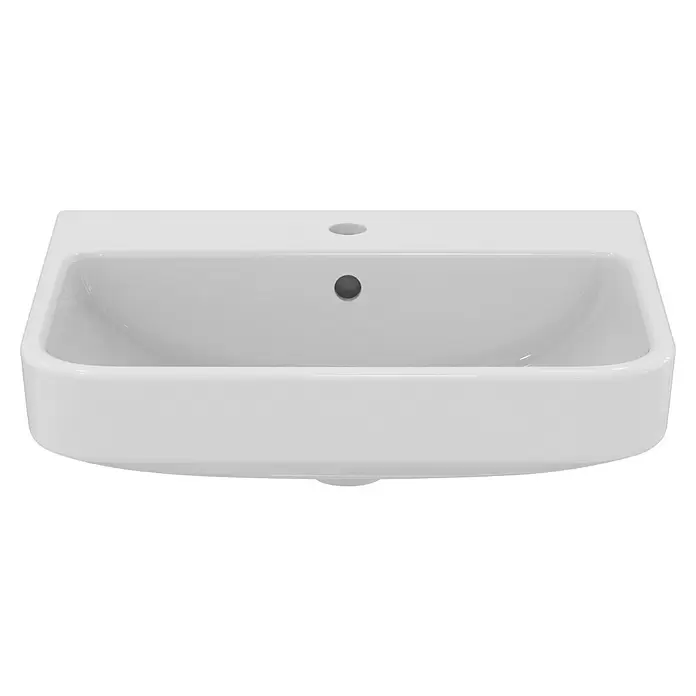 Ideal Standard i.life B Waschtisch - 55 x 48 cm, Ohne Spezialglasur, Hahnloch: Mitte, Mit Überlauf, Weiß - Weißes, rechteckiges Keramikwaschbecken mit Hahnloch und Überlauf.