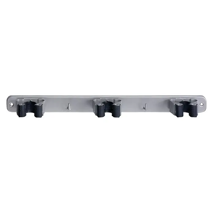 Inofix Colgador para herramientas 3034 - L x An x Al: 37 x 32 x 46 cm, Acero, Cromo - Soporte de pared con tres pinzas y dos ganchos para guardar escobas, fregonas y otros artículos del hogar.