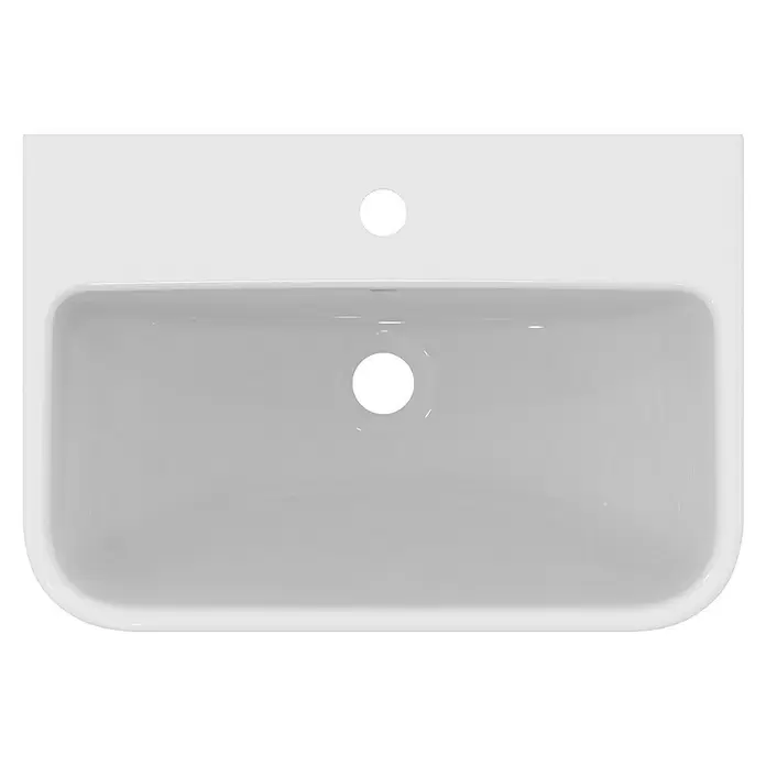 Ideal Standard i.life S Waschtisch - 55 x 38 cm, Ohne Spezialglasur, Hahnloch: Mitte, Mit Überlauf, Weiß - Weißes Keramikwaschbecken mit Hahnloch und Abfluss.