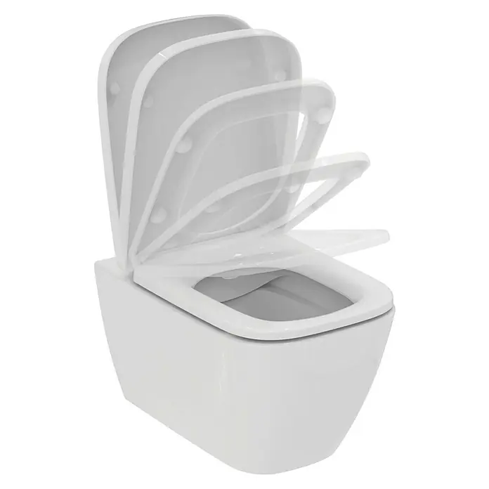 Ideal Standard i.life B Wand-WC-Set - Spülrandlos, Ohne Spezialglasur, Spülform: Tief, WC Abgang: Waagerecht, Weiß - Nahaufnahme einer weißen Wand-Toilette mit sich öffnendem Sitz, ideal für moderne Badezimmer. Elegantes Design und hohe Funktionalität.
