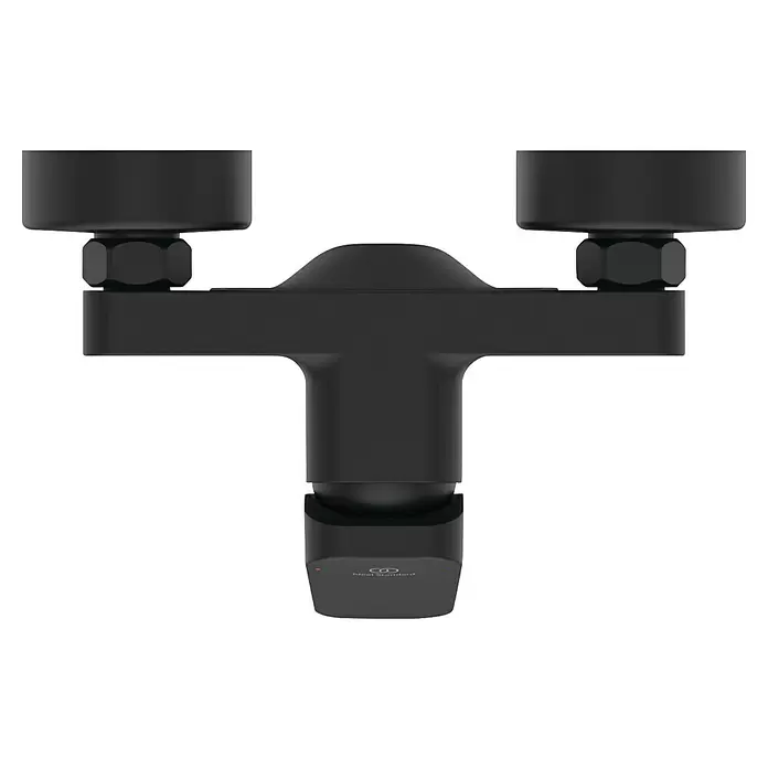 Ideal Standard Ceraplan Brausearmatur - Schwarz, Matt - Mattschwarzes Thermostatmischer-Bauteil mit zwei oberen Anschlüssen und einer zentralen Steuerung.
