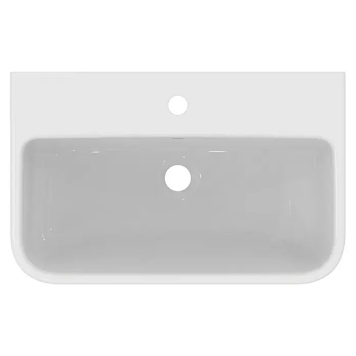Ideal Standard i.life S Waschtisch - 60 x 38 cm, Ohne Spezialglasur, Hahnloch: Mitte, Mit Überlauf, Weiß - Das Bild zeigt ein Waschbecken aus Keramik von oben. Das Becken ist rechteckig und hat eine glatte, weiße Oberfläche und zwei Löcher für Armatur und Abfluss.