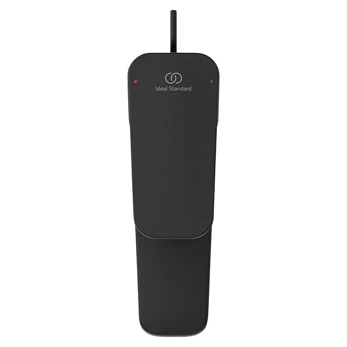 Ideal Standard Ceraplan Waschtischarmatur H75 - Schwarz, Matt - Schwarze Ideal Standard Steuereinheit mit vertikalem Element oben, roten und blauen Kontrollleuchten.