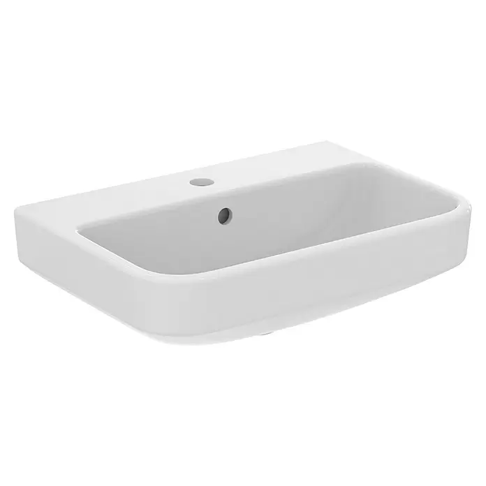 Ideal Standard i.life S Waschtisch - 55 x 38 cm, Ohne Spezialglasur, Hahnloch: Mitte, Mit Überlauf, Weiß - Weißes Keramikwaschbecken mit Hahn- und Überlauflöchern.