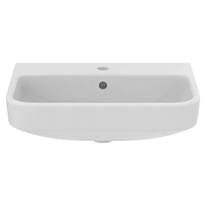 Ideal Standard i.life S Waschtisch - 55 x 38 cm, Ohne Spezialglasur, Hahnloch: Mitte, Mit Überlauf, Weiß - Weißes, rechteckiges Keramikwaschbecken mit Hahn- und Überlauflöchern.