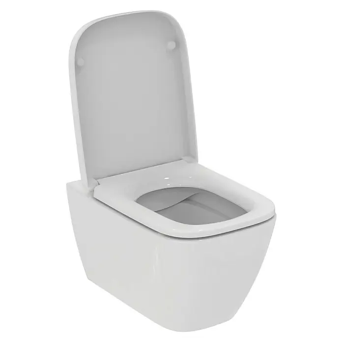 Ideal Standard i.life B Wand-WC-Set - Spülrandlos, Ohne Spezialglasur, Spülform: Tief, WC Abgang: Waagerecht, Weiß - Nahaufnahme einer hängenden Toilette mit offenem Deckel, die ein minimalistisches Design und die glatte, weiße Oberfläche des Keramikprodukts hervorhebt.