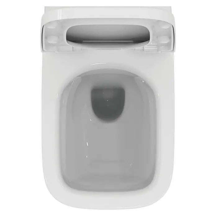 Ideal Standard i.life B Wand-WC-Set - Spülrandlos, Ohne Spezialglasur, Spülform: Tief, WC Abgang: Waagerecht, Weiß - Nahaufnahme einer weißen Toilette mit offenem Deckel, die das schlichte Design und die sanften Kurven des Keramikartikels hervorhebt.