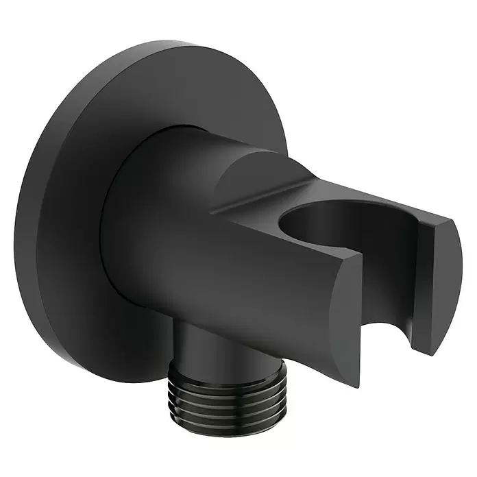 Ideal Standard Ceraline Duschsystem - Anzahl Strahlarten: 1 Stk., Schwarz - Mattschwarzer, wandmontierter Brauseschlauchanschluss mit integrierter Halterung.
