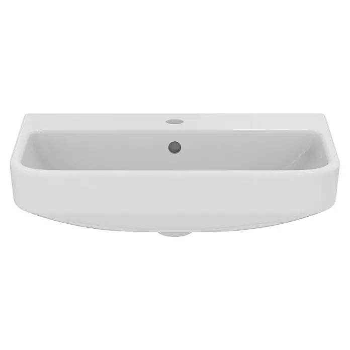 Ideal Standard i.life S Waschtisch - 60 x 38 cm, Ohne Spezialglasur, Hahnloch: Mitte, Mit Überlauf, Weiß - Nahaufnahme eines weißen Keramikwaschbeckens mit runden Kanten und einem eingelassenen Abfluss, ideal für moderne Badezimmer.