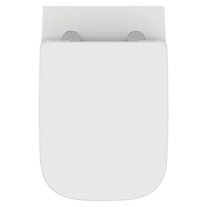 Ideal Standard i.life B Wand-WC-Set - Spülrandlos, Ohne Spezialglasur, Spülform: Tief, WC Abgang: Waagerecht, Weiß - Weißer WC-Sitz in Top-Down-Ansicht. Das minimalistische Design des WC-Deckels bietet eine saubere Ästhetik für jedes moderne Badezimmer.