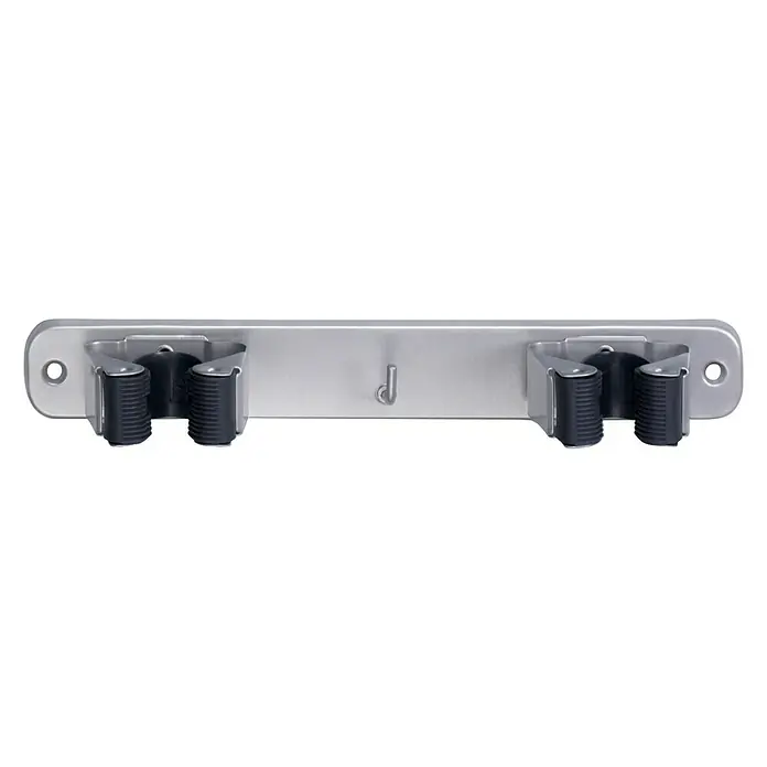 Inofix Colgador para herramientas 3033 - L x An x Al: 23 x 32 x 46 cm, Acero, Cromo - Un soporte de pared para escobas y fregonas con dos pinzas de sujeción y un gancho. Ideal para garaje o lavadero.