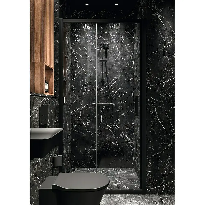 Ideal Standard Ceratherm Thermostatarmatur T25 - Schwarz, Matt - Duschkabine mit schwarzem Rahmen und Marmor-Design für ein modernes Badezimmer. Hochwertige Verarbeitung für stilvolles Ambiente.