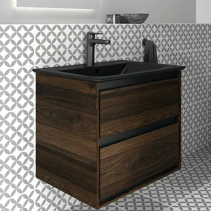 Ideal Standard Connect Air Waschtischunterschrank - 60 x 44 x 51,7 cm, Nussbaum/Schwarz, Matt - Moderner Waschtischunterschrank in dunkler Holzoptik mit schwarzem Becken und Armatur, stilvoll für jedes Badezimmer.