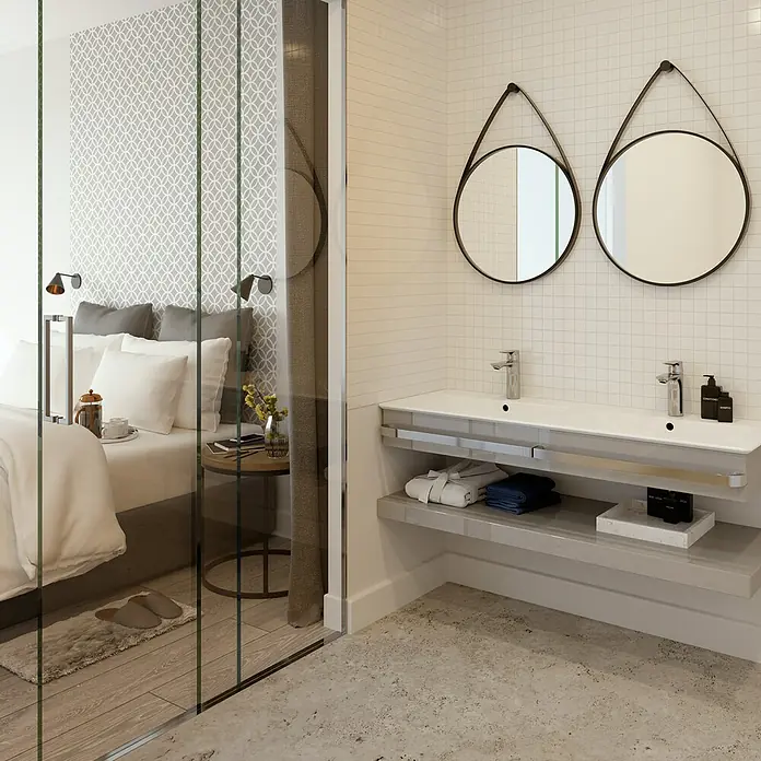 Ideal Standard Connect Air WaschtischarmaturHöhe: 17,6 cm, Chrom, Glänzend - Elegantes Badezimmer mit Doppelwaschtisch, runden Spiegeln und stilvollem Design. Die perfekte Kombination aus Komfort und Ästhetik.