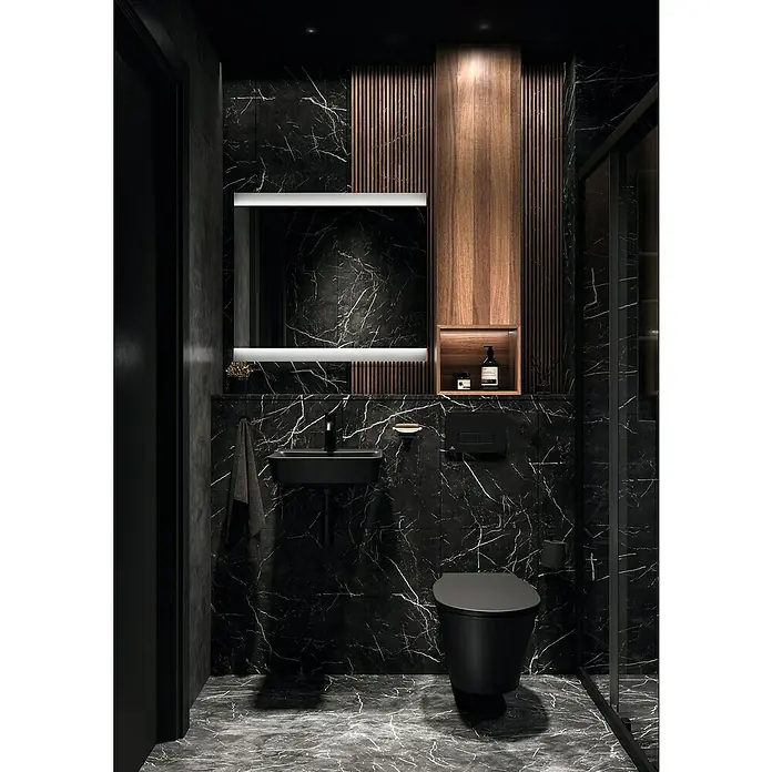 Ideal Standard Connect Air Waschbecken - B x L: 40 x 35 cm, Ohne Spezialglasur, Hahnloch: Mitte, Mit Überlauf, Schwarz - Elegantes Badezimmerdesign mit schwarzem Marmor, einem minimalistischen Waschbecken und einem beleuchteten Spiegel für moderne Akzente.