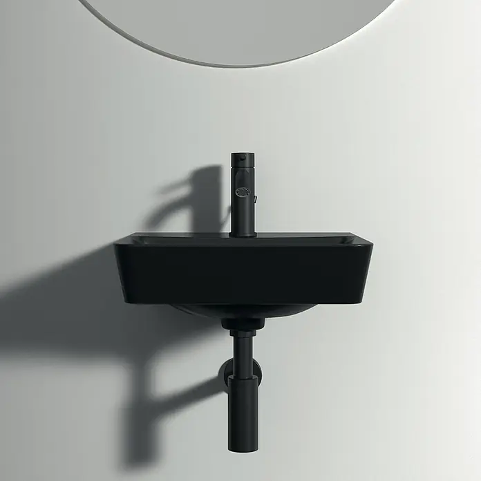 Ideal Standard Connect Air Waschbecken - B x L: 40 x 35 cm, Ohne Spezialglasur, Hahnloch: Mitte, Mit Überlauf, Schwarz - Elegantes schwarzes Waschbecken mit Armatur. Stilvolles Design für moderne Badezimmer.