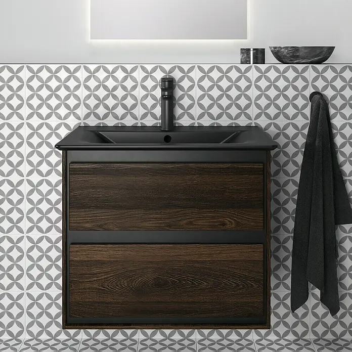 Ideal Standard Connect Air Waschtischunterschrank - 60 x 44 x 51,7 cm, Nussbaum/Schwarz, Matt - Ein moderner Badezimmerschrank mit zwei Schubladen und einem schwarzen Waschbecken, der eine stilvolle und funktionale Ergänzung für jedes Badezimmer darstellt.