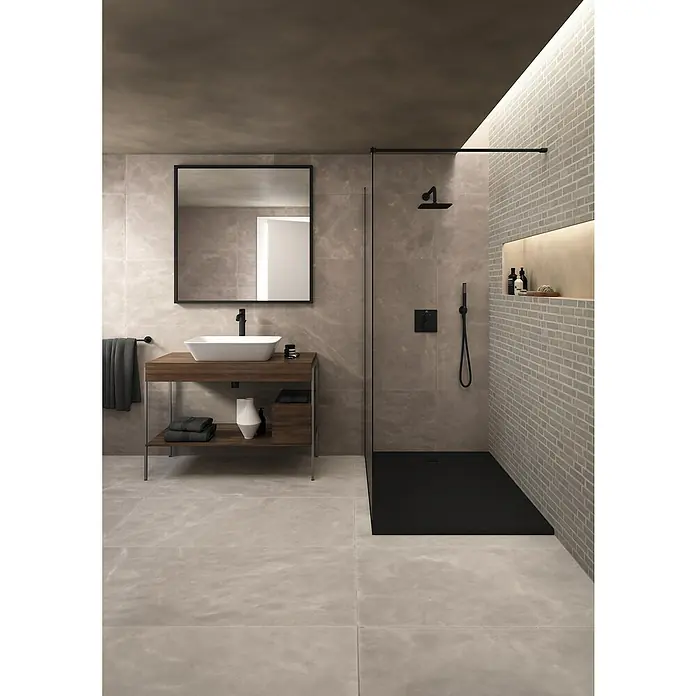 Ideal Standard Ceratherm UP-Thermostatarmatur C100Quadratisch, Schwarz, Matt - Modernes Badezimmer mit stilvollem Waschtisch mit Holzplatte und schwarzer Dusche mit Glaswand. Elegantes Design für Ihr Badezimmer.