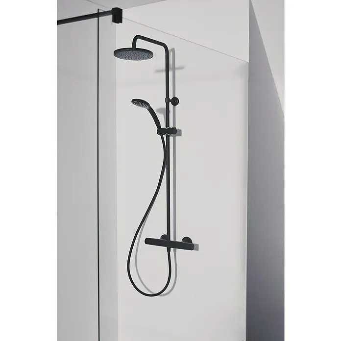 Ideal Standard Ceratherm Duschsystem T25Mit Thermostatarmatur, Höhe: 111,7 cm, Anzahl Strahlarten: 1 Stk., Schwarz - Elegantes Duschsystem in Schwarz mit Kopf- und Handbrause. Ein stilvolles Detail für moderne Badezimmer, das Komfort und Design vereint.
