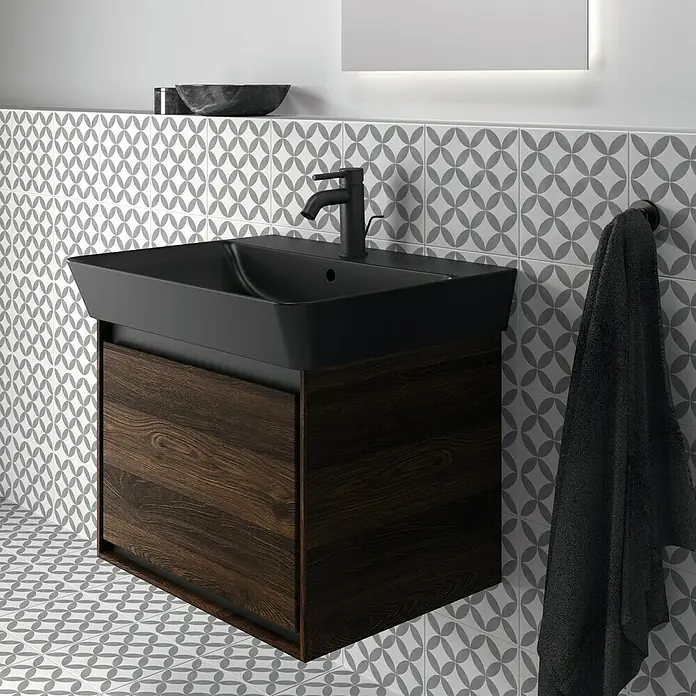 Ideal Standard Connect Air Waschtischunterschrank - 53 x 40,9 x 40 cm - Elegantes Badezimmerwaschbecken mit Unterschrank in dunklem Holz und stilvoller schwarzer Armatur, das jedem Badezimmer einen Hauch von Klasse verleiht.
