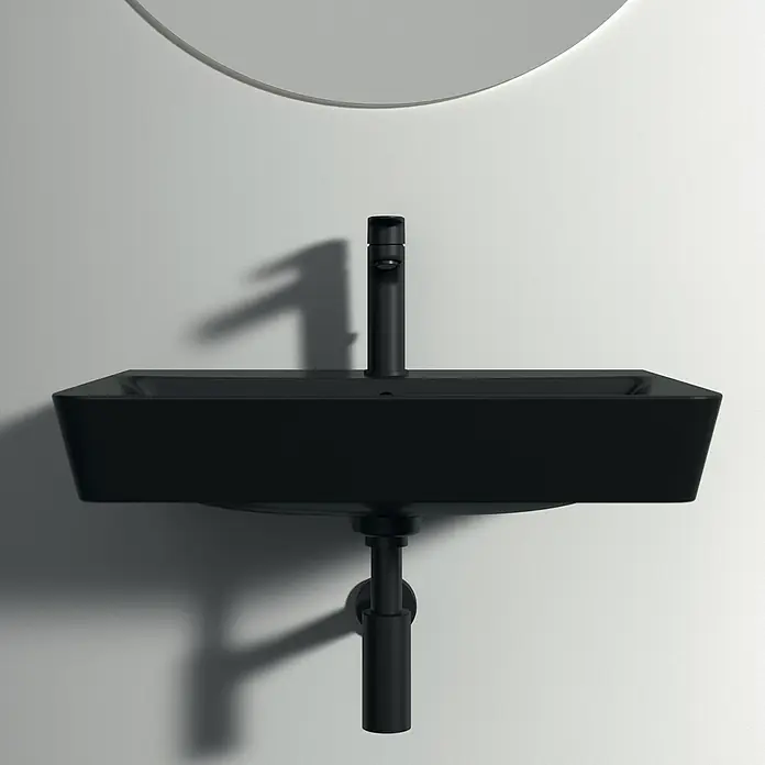 Ideal Standard Connect Air Waschtisch - 60 x 46 cm, Ohne Spezialglasur, Hahnloch: Mitte, Mit Überlauf, Schwarz - Schwarzes Waschbecken mit Armatur vor einer Wand, ein modernes und stilvolles Design für Badezimmer.