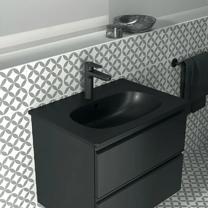 Ideal Standard Cerafine O Waschtischarmatur H120 - Schwarz, Matt, Mit Ablaufgarnitur - Elegantes schwarzes Waschbecken mit Unterschrank und Armatur. Das moderne Design passt perfekt in jedes Badezimmer.