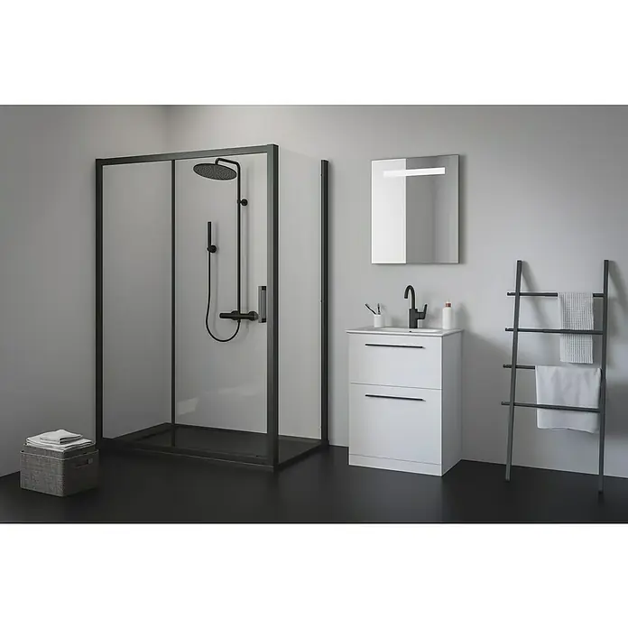 Ideal Standard Ceratherm Duschsystem T25 - Mit Thermostatarmatur, Lochabstand: 70 cm, Anzahl Strahlarten: 1 Stk., Schwarz - Modernes Badezimmer-Interieur mit einer stilvollen Duschkabine mit schwarzem Rahmen und Armaturen, einem Waschbeckenunterschrank und Handtuchhalter.