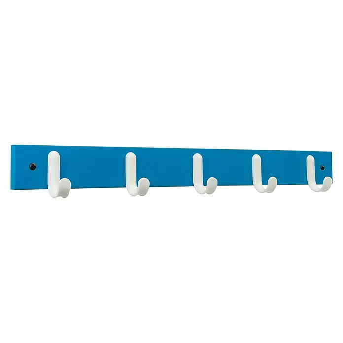 Inofix Perchero 3707 - L x An x Al: 48,8 x 6 x 5,2 cm, Madera, Azul - Perchero de pared azul con cinco ganchos blancos, perfecto para colgar abrigos, chaquetas y otros artículos en pasillos o dormitorios.