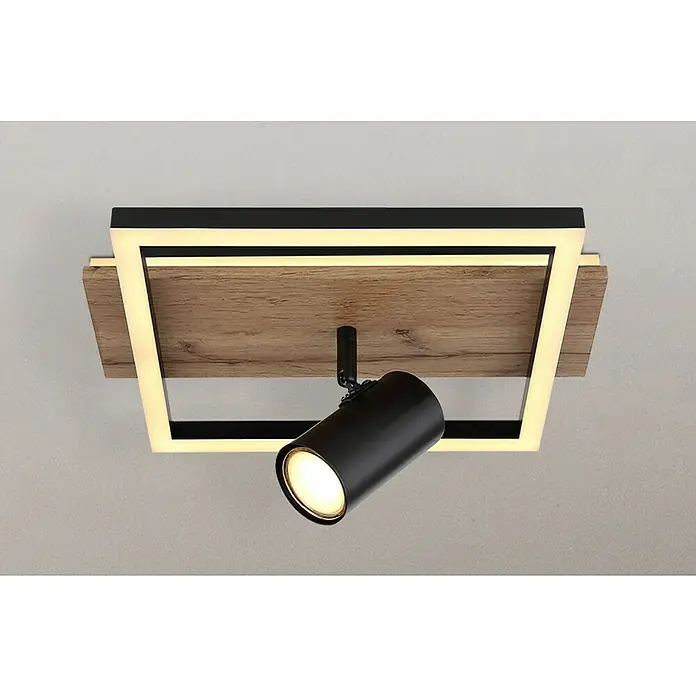 Globo LED-Deckenleuchte Kassu - 24 W, Warmweiß, Schwarz/Holz, L x B x H: 32 x 27 x 15 cm, 2 Stk. - Nahaufnahme einer modernen Deckenleuchte mit Holzdetails, schwarzem Rahmen und einem verstellbaren Scheinwerfer.