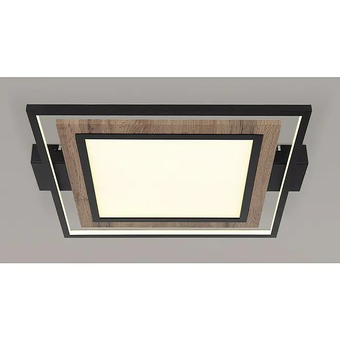 Globo LED-Deckenleuchte Gabalo - 36 W, L x B x H: 50 x 45 x 5,5 cm, Schwarz/Holz, Warmweiß - Quadratische Deckenleuchte mit Holz- und Metallelementen. Elegante Beleuchtung für jeden Raum.