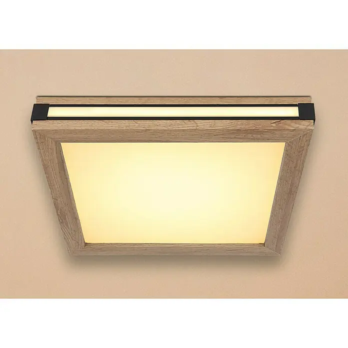 Globo LED-Deckenleuchte Carla - 12 W, Warmweiß, Holzoptik, L x B x H: 30 x 30 x 7,5 cm - Diese stilvolle Deckenleuchte besticht durch einen Holzrahmen mit schwarzen Akzenten, der ein warmes, einladendes Licht verbreitet.