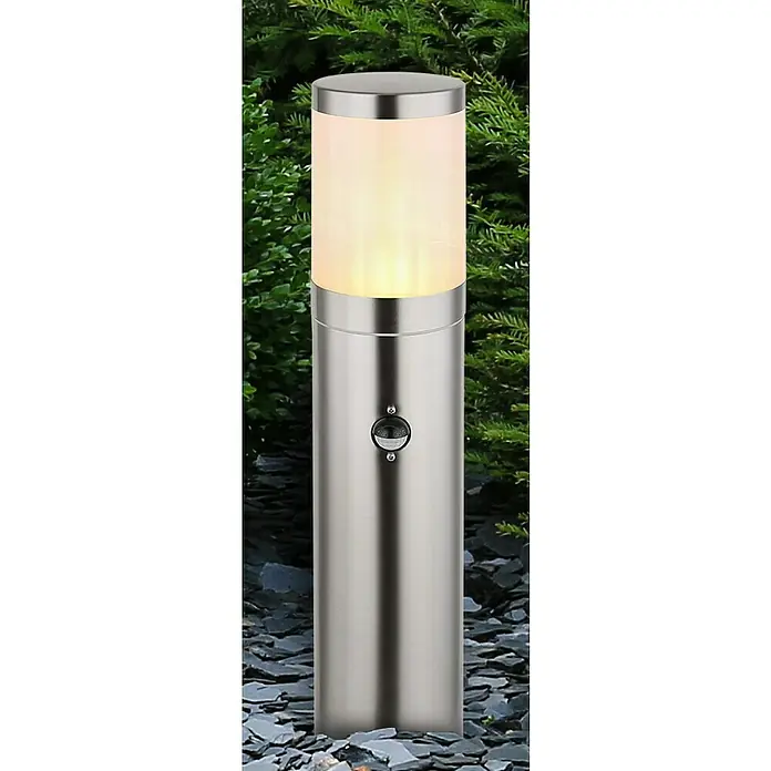 Globo Xeloo Außenstehleuchte - 60 W, Höhe: 50 cm, IP44, Edelstahl - Eine moderne Gartenleuchte aus Edelstahl mit einem leuchtenden, zylindrischen Lampenschirm, ideal für stimmungsvolle Beleuchtung.
