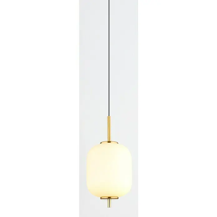 Globo Ewald LED-Pendelleuchte - 6 W, Warmweiß, Weiß, Ø x H: 13,5 x 220 cm, 1 Stk. - Elegante Pendelleuchte mit einem opalweißen Glasschirm und goldenen Akzenten, die eine warme und einladende Atmosphäre schafft.