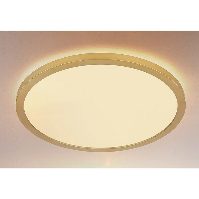Globo LED-Deckenleuchte rund Sapana - 18 W, Warmweiß, Messing, Ø x H: 29,4 cm x 25 mm - Eine moderne, runde LED-Deckenleuchte mit einem goldenen Rahmen, die ein warmes, einladendes Licht in jedem Raum verbreitet.