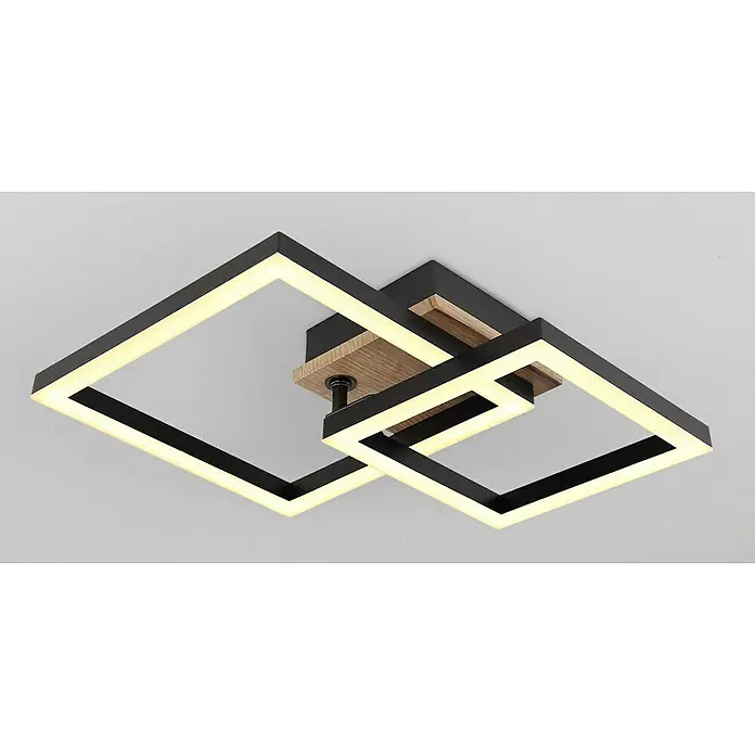 Globo LED-Deckenleuchte Bard - 15 W, L x B x H: 42 x 31 x 8 cm, Holzoptik, Warmweiß - Moderne Deckenleuchte mit zwei quadratischen, sich überschneidenden Rahmen, die mit warmem Licht beleuchtet werden, und einem Holzdetail.