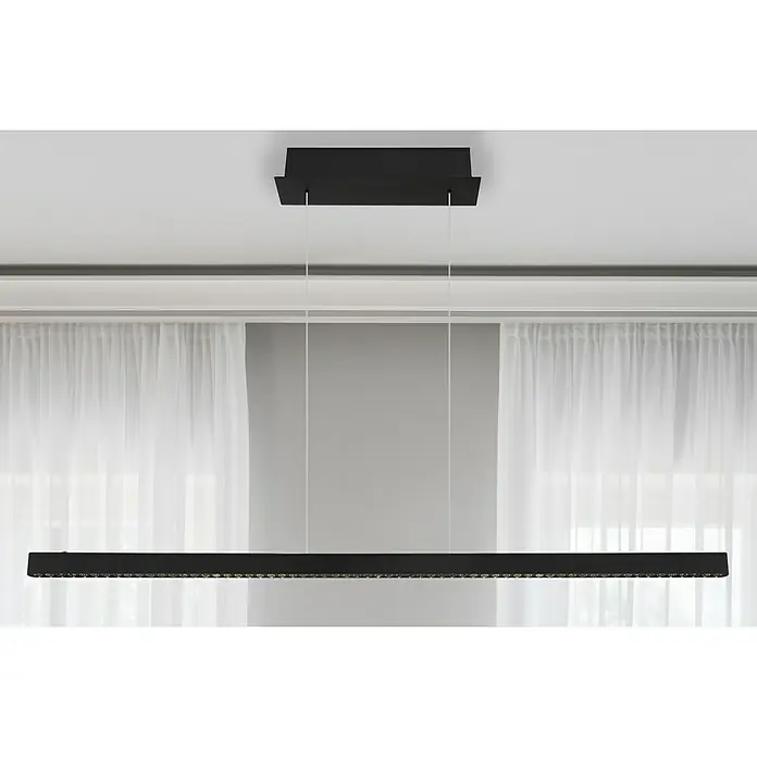Globo LED-Pendelleuchte Dentsy - 43 W, Neutralweiß, Schwarz, L x B x H: 120 x 9 x 120 cm - Nahaufnahme einer modernen, schwarzen LED-Hängeleuchte, die mit Kristallen verziert ist und eine elegante Beleuchtungslösung darstellt.