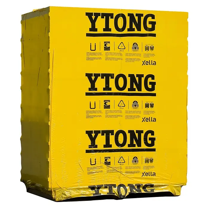 Ytong Porenbetonstein - 60 x 17,5 x 20 cm, Volle Palettenabnahme - Eine Palette mit YTONG Porenbetonsteinen in gelber Verpackung, bereit für den Einsatz im Bauwesen. Die Steine sind für energieeffizientes Bauen.