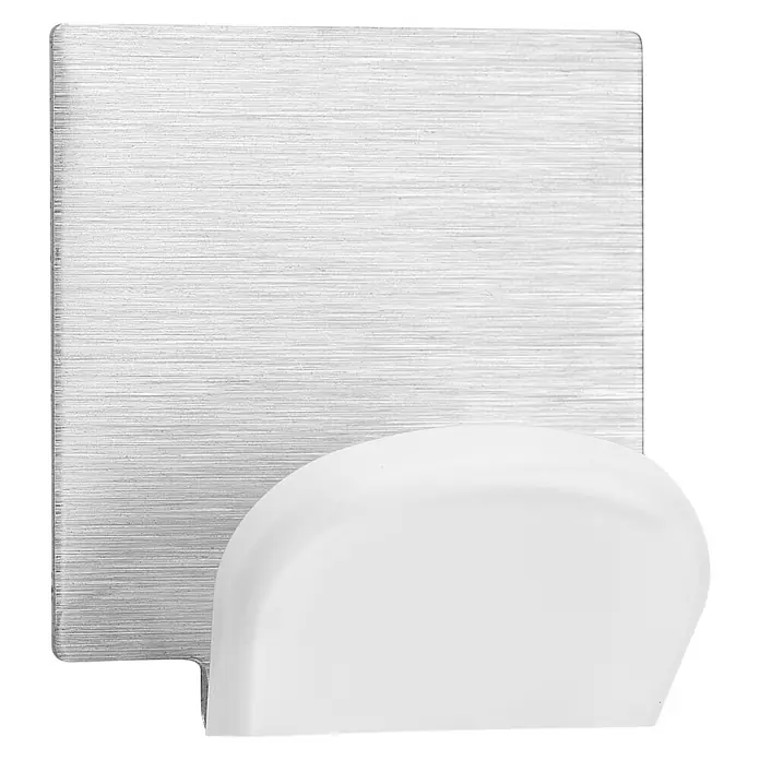 Inofix Colgador adhesivo 2078 - Acero inoxidable, Blanco, 2 ud., Cuadrado - Un primer plano de un gancho de pared autoadhesivo con una placa de metal cepillado y un gancho de plástico blanco para baño o cocina.