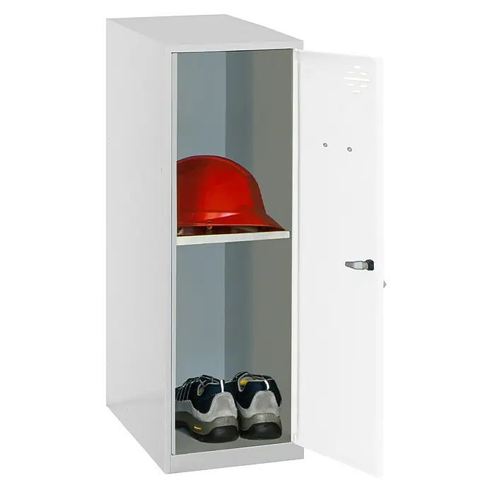 Simonrack Simonlocker Taquilla Mini Desmontada - L x An x Al: 50 x 40 x 91,5 cm, Gris/Blanco, Número de baldas: 1 ud. - Un armario blanco con una puerta abierta que muestra un casco rojo y un par de zapatos.