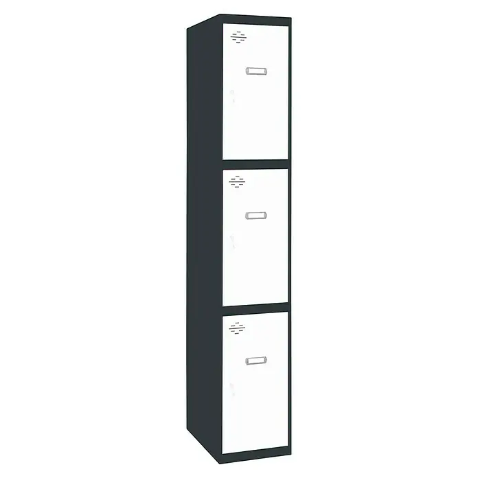 Simonrack Simonlocker Taquilla locker Prof. Inicial Desmontada - L x An x Pr: 50 x 30 x 50 cm, Antracita/Blanco, Número de puertas: 3 ud. - Un armario metálico de tres niveles en antracita y blanco ofrece amplio almacenamiento y un aspecto moderno para la oficina o el taller.